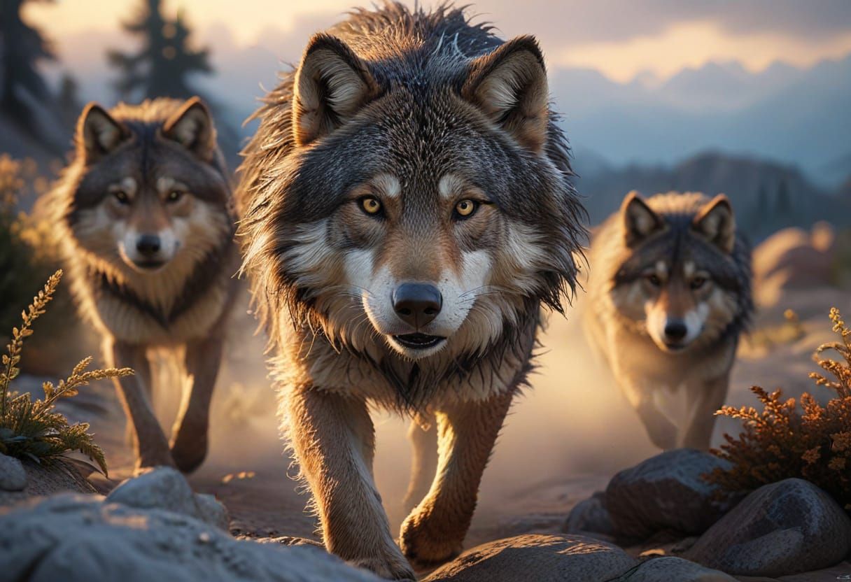 Photorealistic 3D Rendering of Grey Wolves
