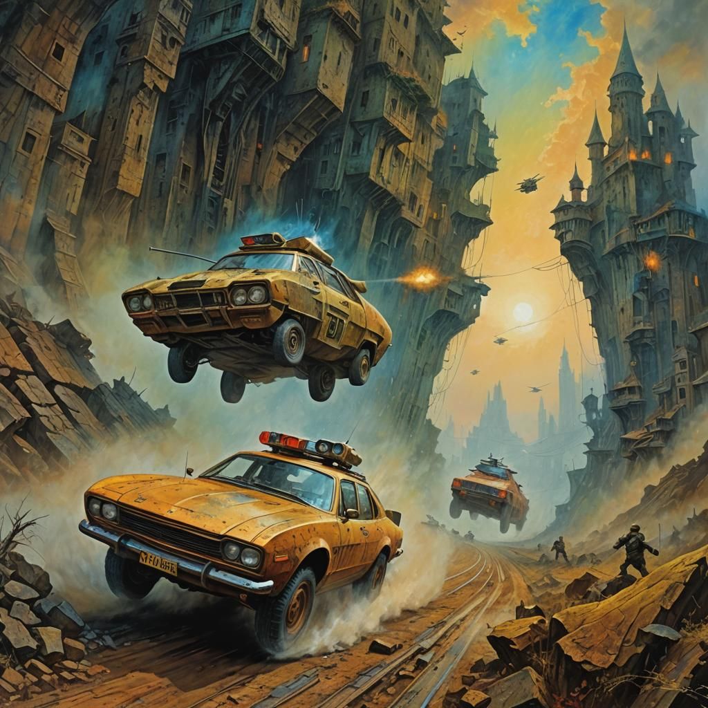 Dystopian Sci-Fi Hot Pursuit in Surrealist Style