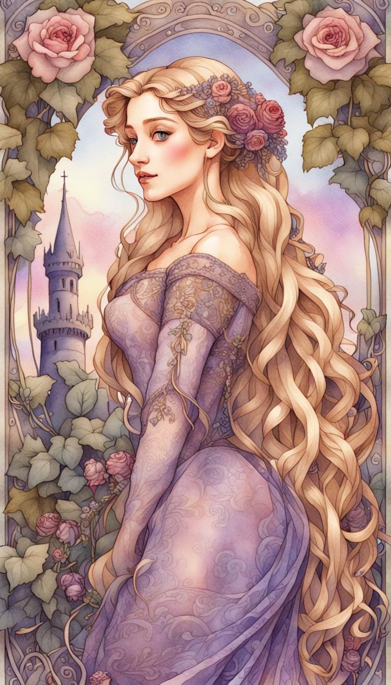 Rapunzel in Art Nouveau Watercolor Style