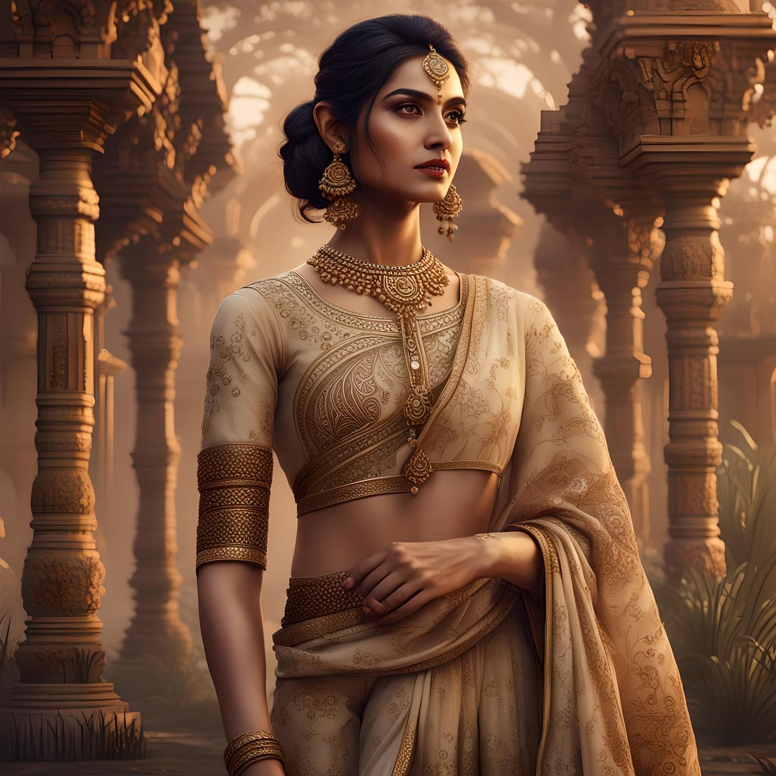 Beautiful Indian Woman in Beige Outfit: Digital Matte Painti...
