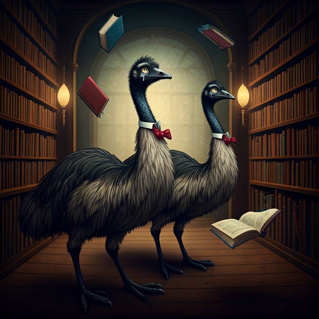 Emus Juggle Books in Vintage Library, Dr. Seuss & Tim Burton...