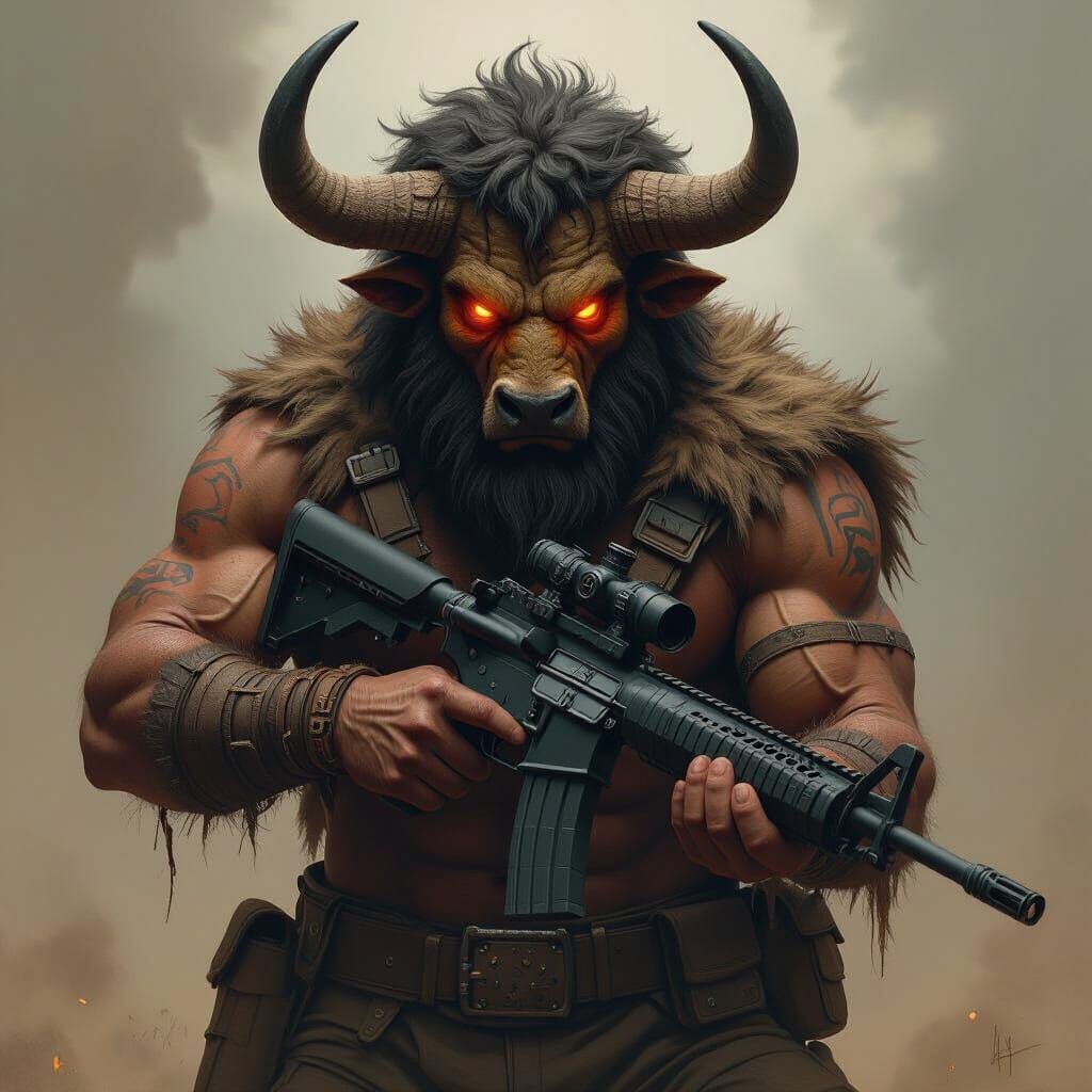 Mythical Half-Man, Half-Bison Warrior with Rifle