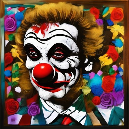 Whimsical Clown Dances Amidst Vibrant Florals