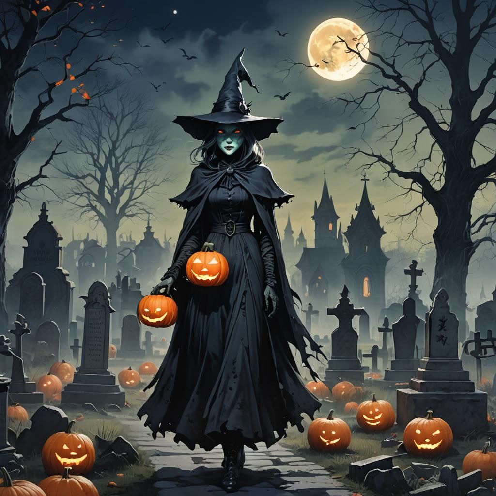 Eerie Witch in Graveyard: Dark Fantasy Concept Art