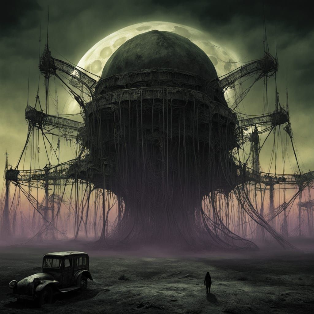 Eerie Carnival Supervillain Lair at Night