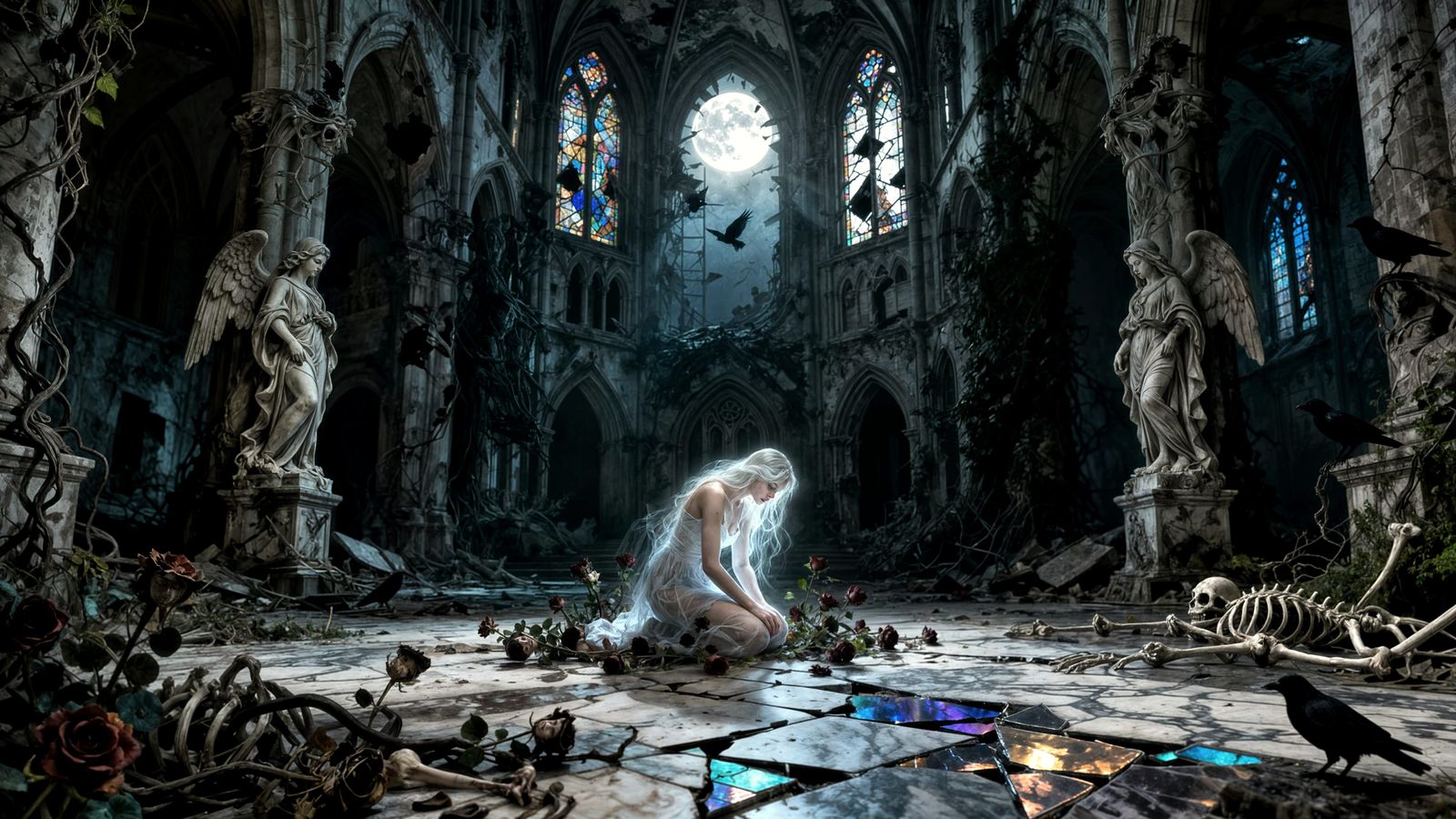 Ethereal Figure in Ruined Cathedral by Moonlight
