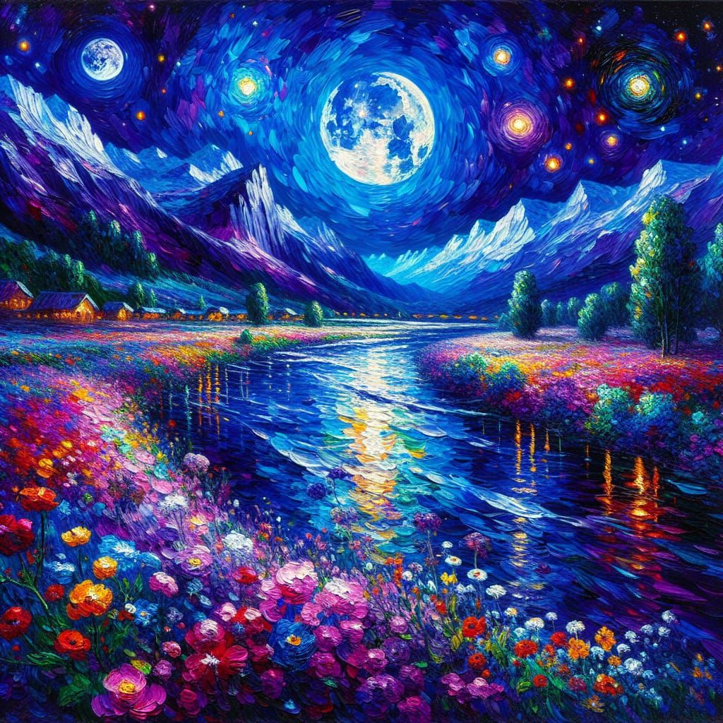 Vibrant Moonlit River as Impasto Painting