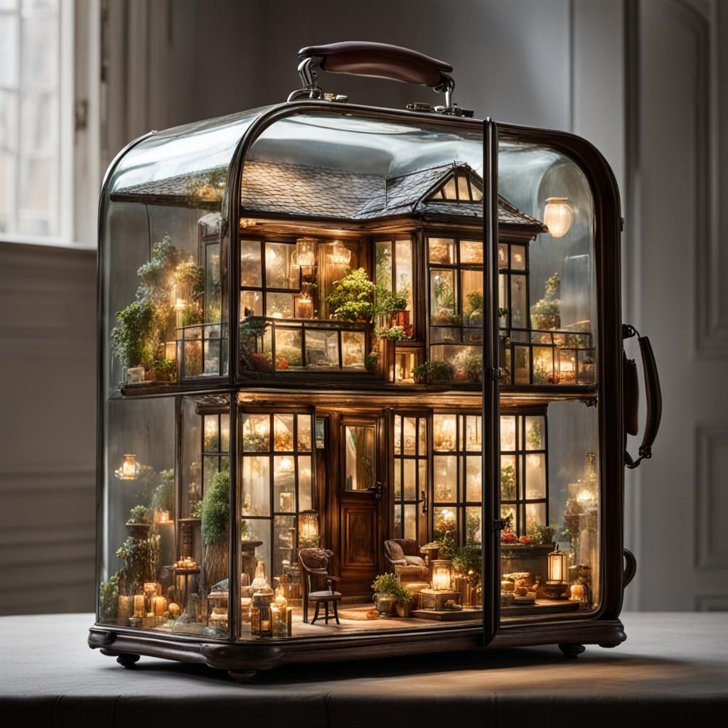 Miniature House Inside a Glass Suitcase