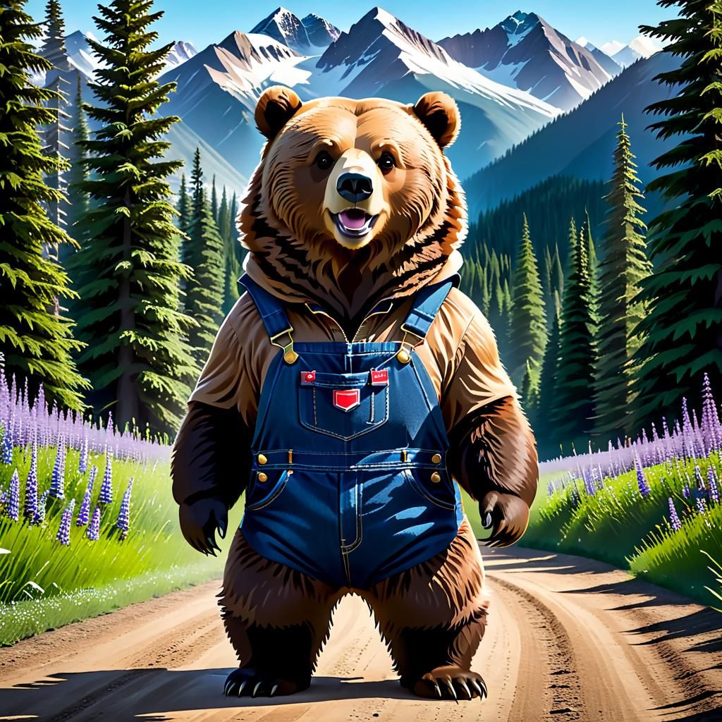 Grizzly Bear in Overalls: An AI Whimsical Creation