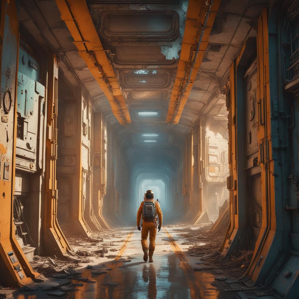 Ruined Spaceship Corridor: Hyperdetailed Concept Art