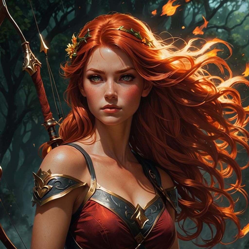 Redhead Archer in Cosmic Flames: Hyperrealistic Art