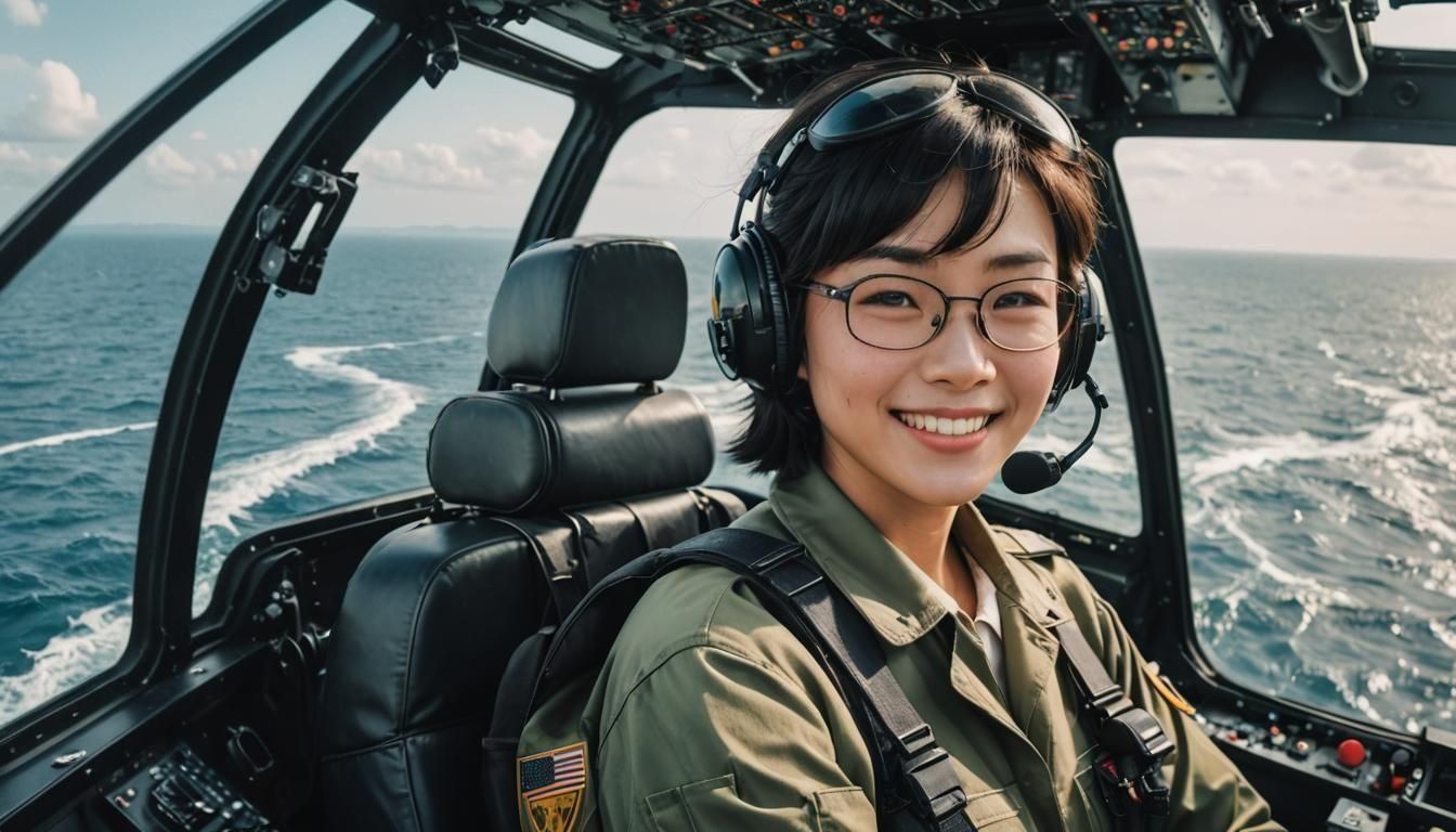 Cute Japanese Helicopter Pilot in Military Uniform