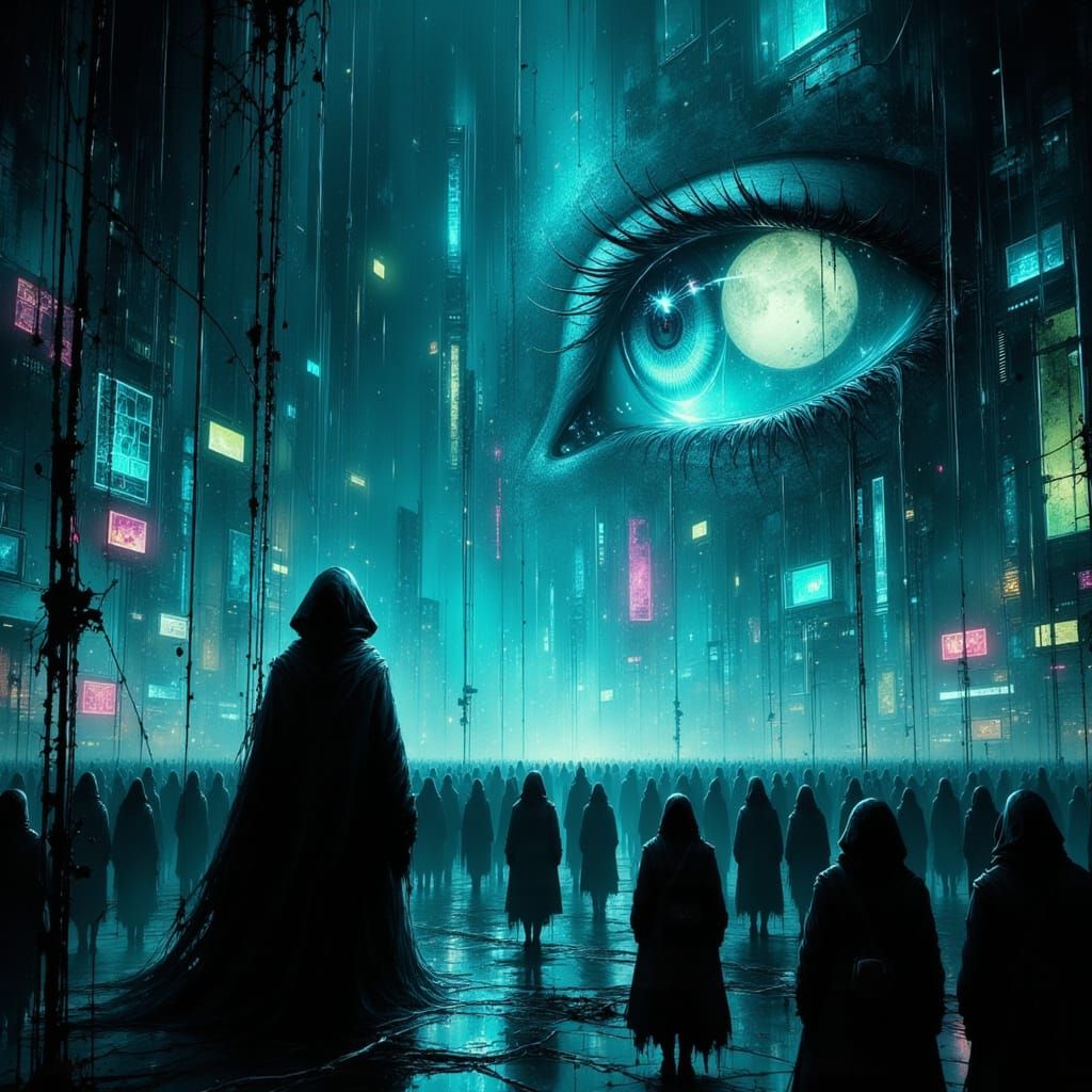 Cyberpunk Void with Mesmerized Crowd and Glowing Wires