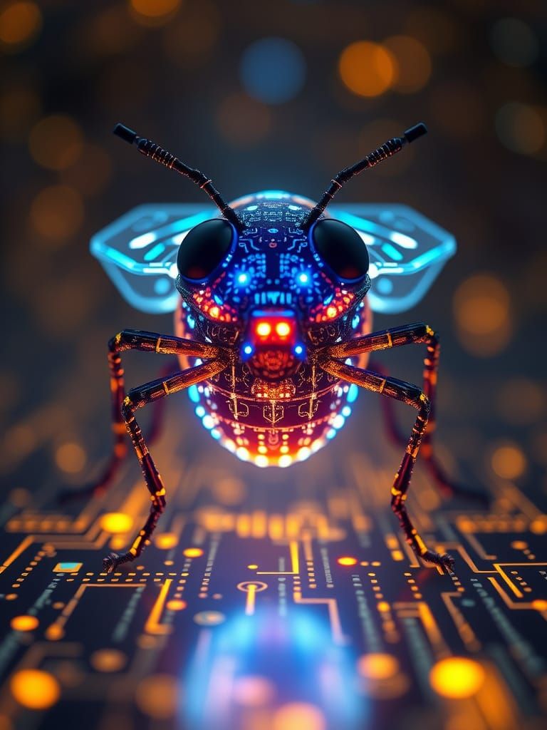 “In the heart of the digital matrix, a tiny glowing bug pulses with electric life.”