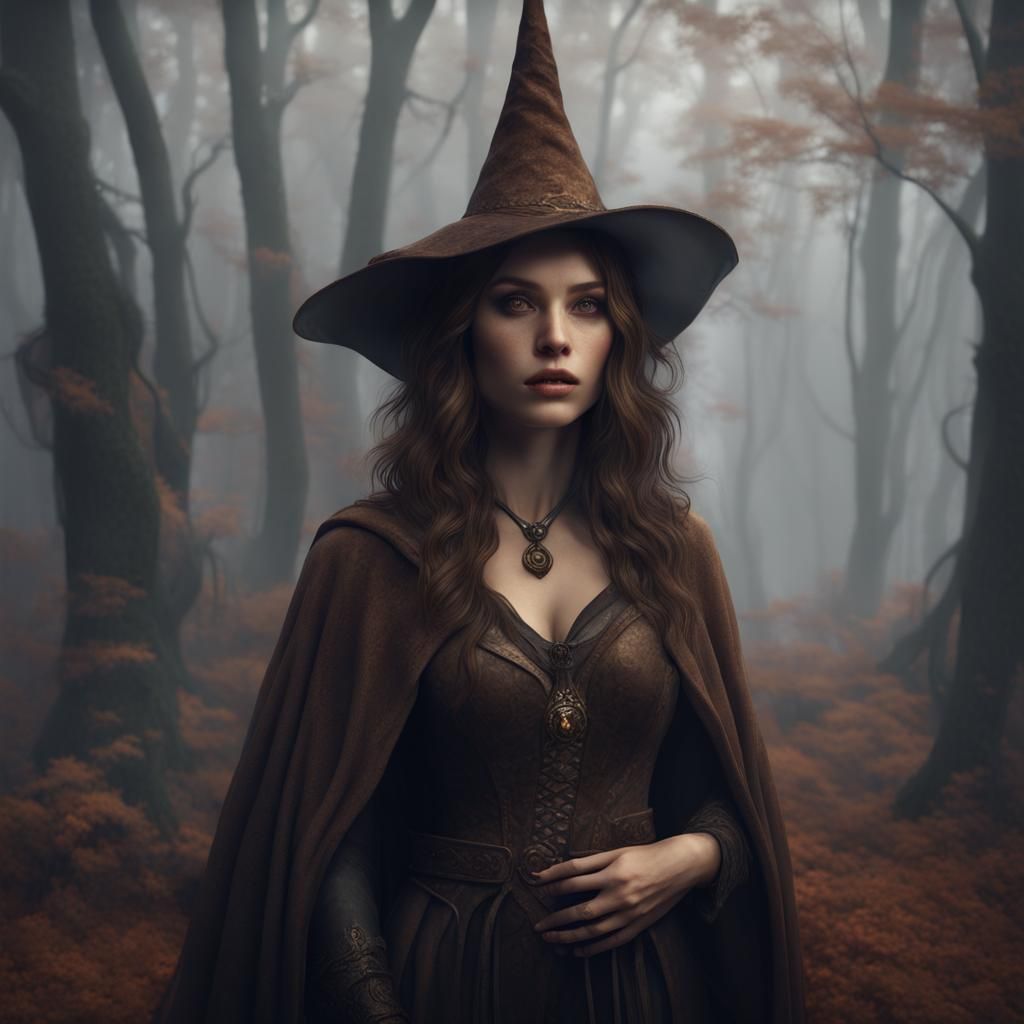 Young Witch in Foggy Woods: Detailed Digital Painting