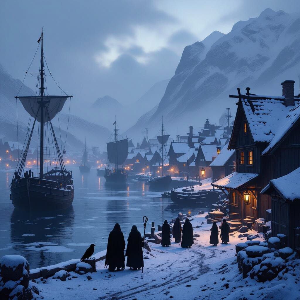 Windswept Harbor Town at Dusk in Dark Fantasy Style
