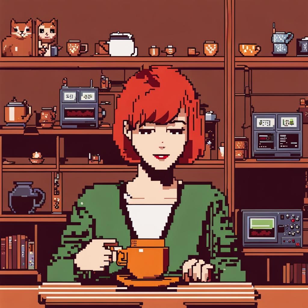 8-Bit Girl with Cat Drinking Coffee