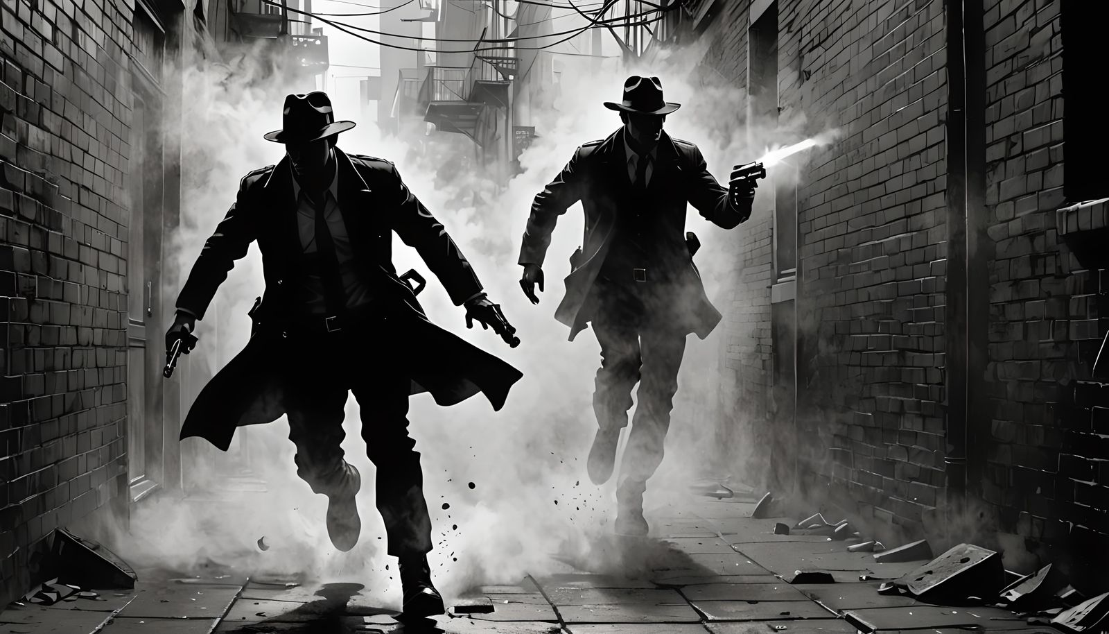 Film Noir Detectives Escape Foggy Alley in Silhouette