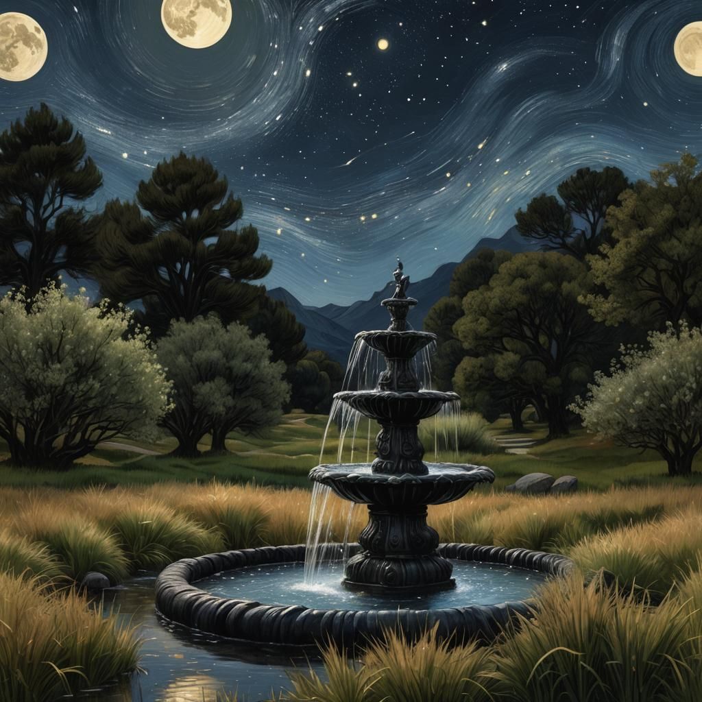 Moon Fountain with Star Stream in Surreal Landscape