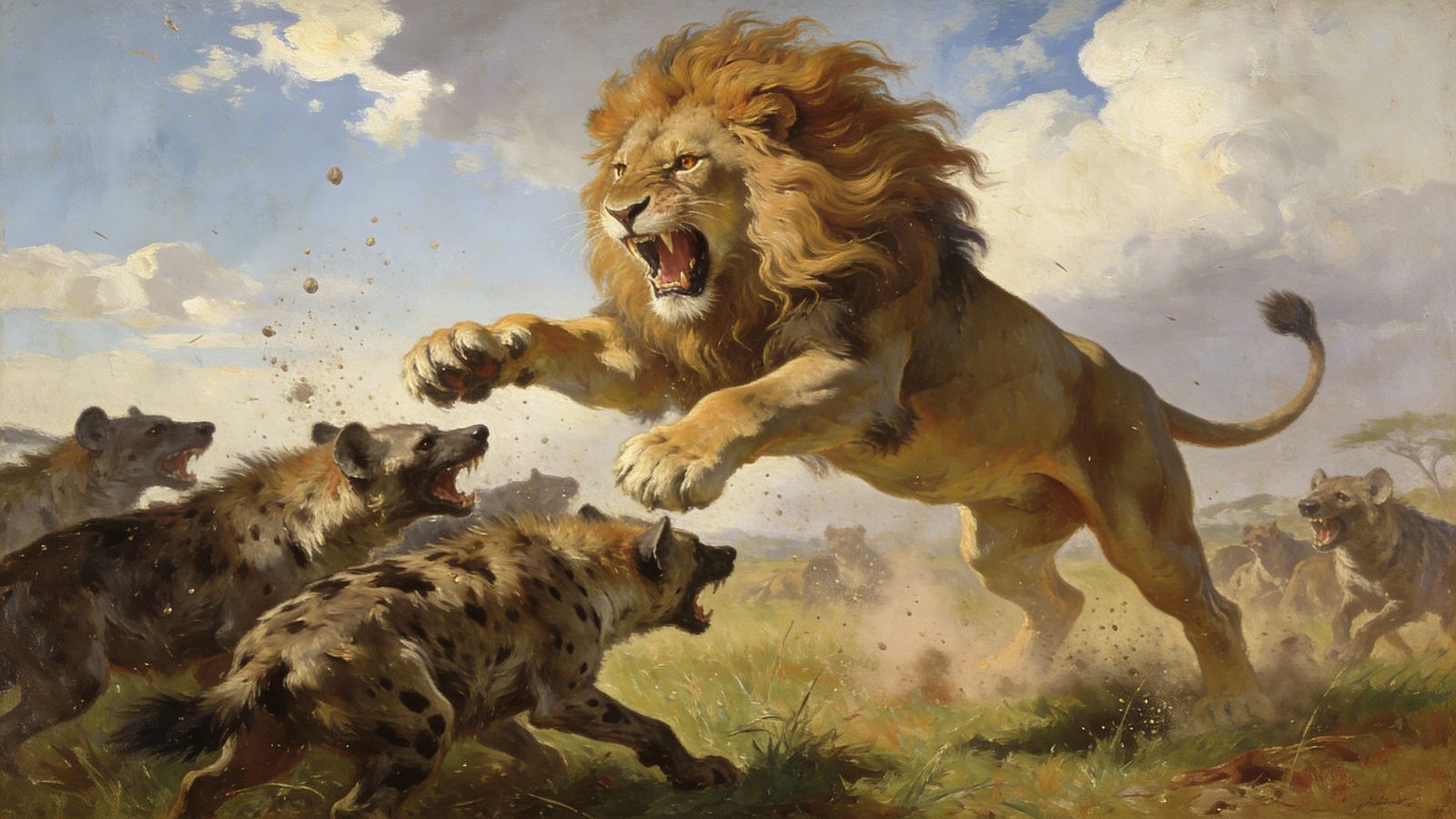 Renaissance Lion Battles Hyenas in Dust Storm