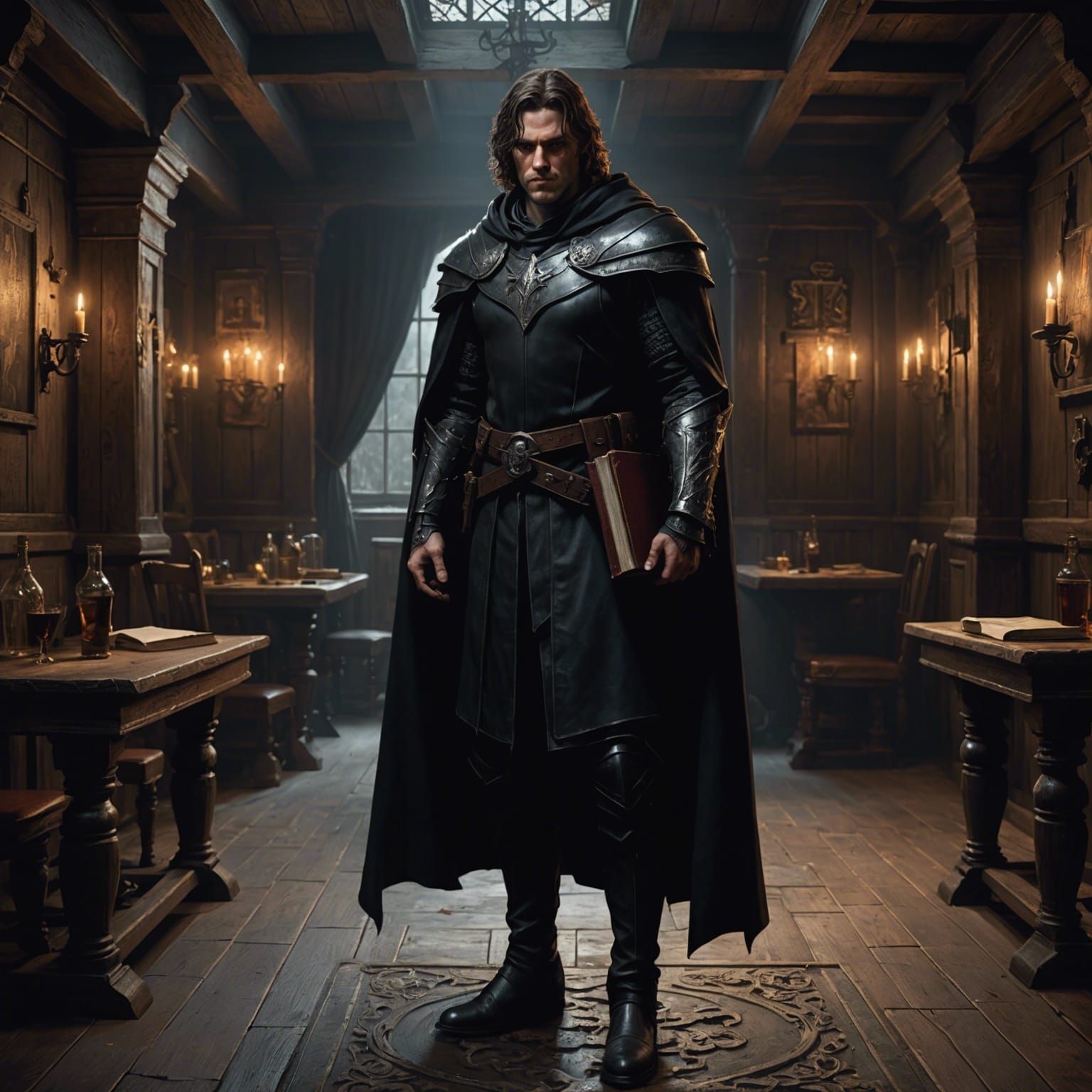 Dark Fantasy Figure in Tavern, Detailed Digital Art