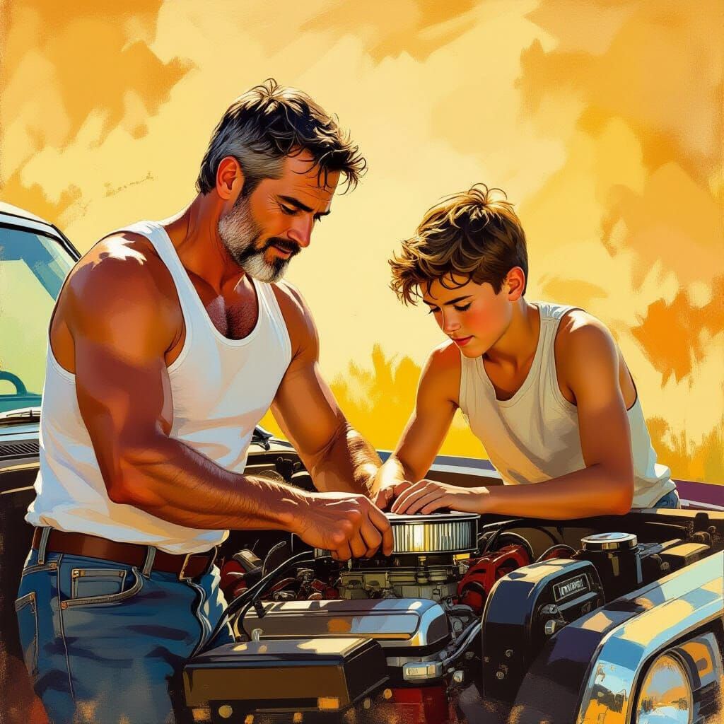 Father and Son Restore Vintage Car: Impressionist Oil