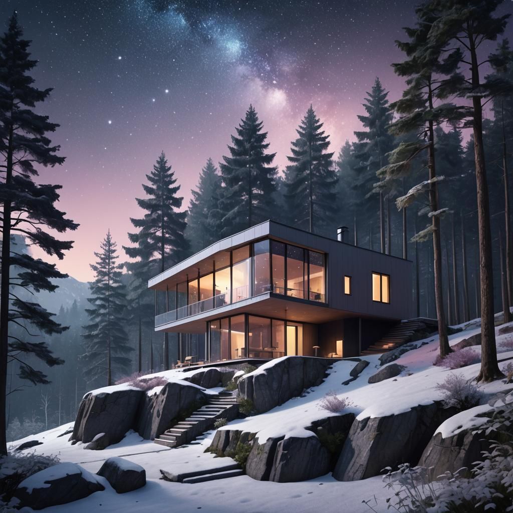Mountain Cottage in Starry Forest: Minimalist Architecture