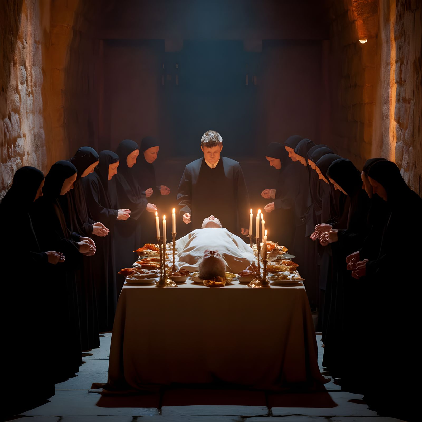 Medieval Ritual in Dimly Lit Ancient Hall