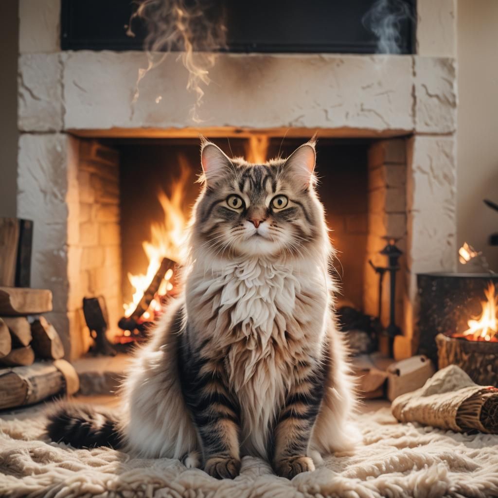 Cozy Fluffy Cat by Fireplace in Divine Light