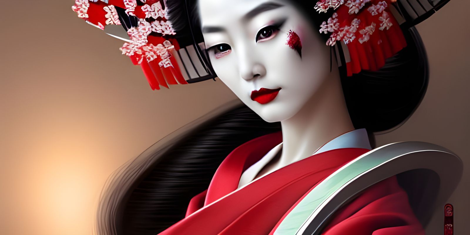 Ornate Geisha with Red Makeup, Digital Art