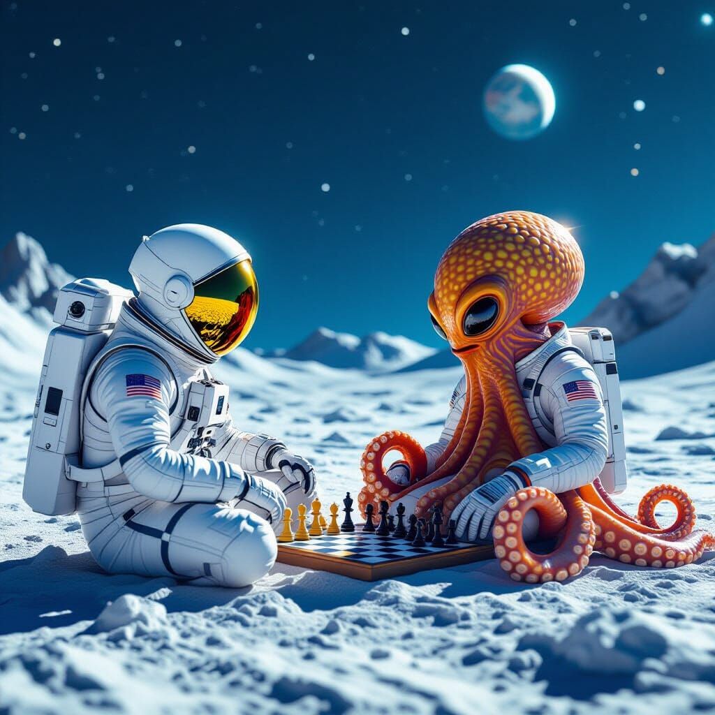 Astronaut and Octopus Play Chess on the Moon