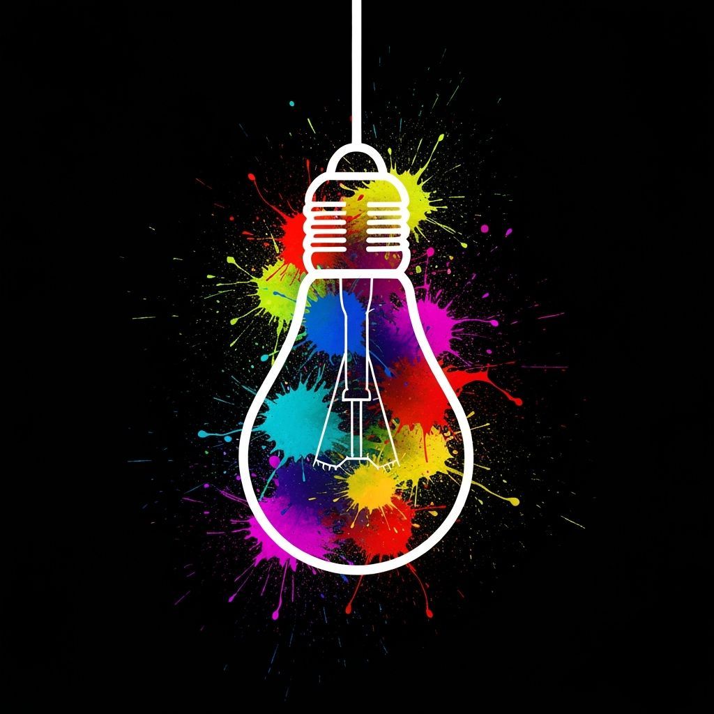 Vibrant Paint Splatter Lightbulb Art Against Black Backgroun...