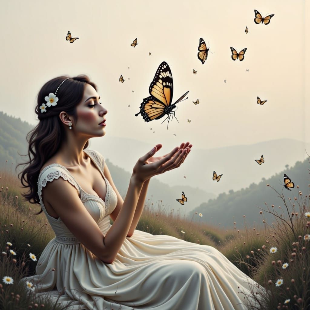 Woman Releasing Butterfly in Soft, Ethereal Light