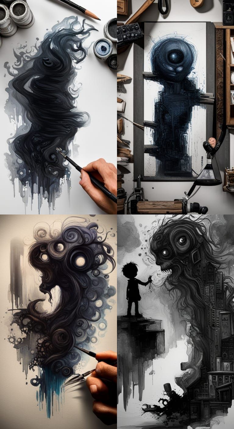 Cute Shadow Monster in Ink on Stone Painting