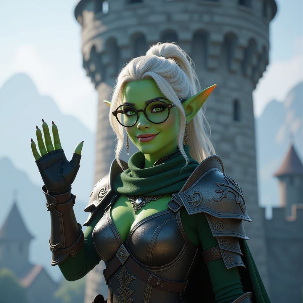 Green Goblin Girl with Glasses Waves from Tower in 3D Game S...