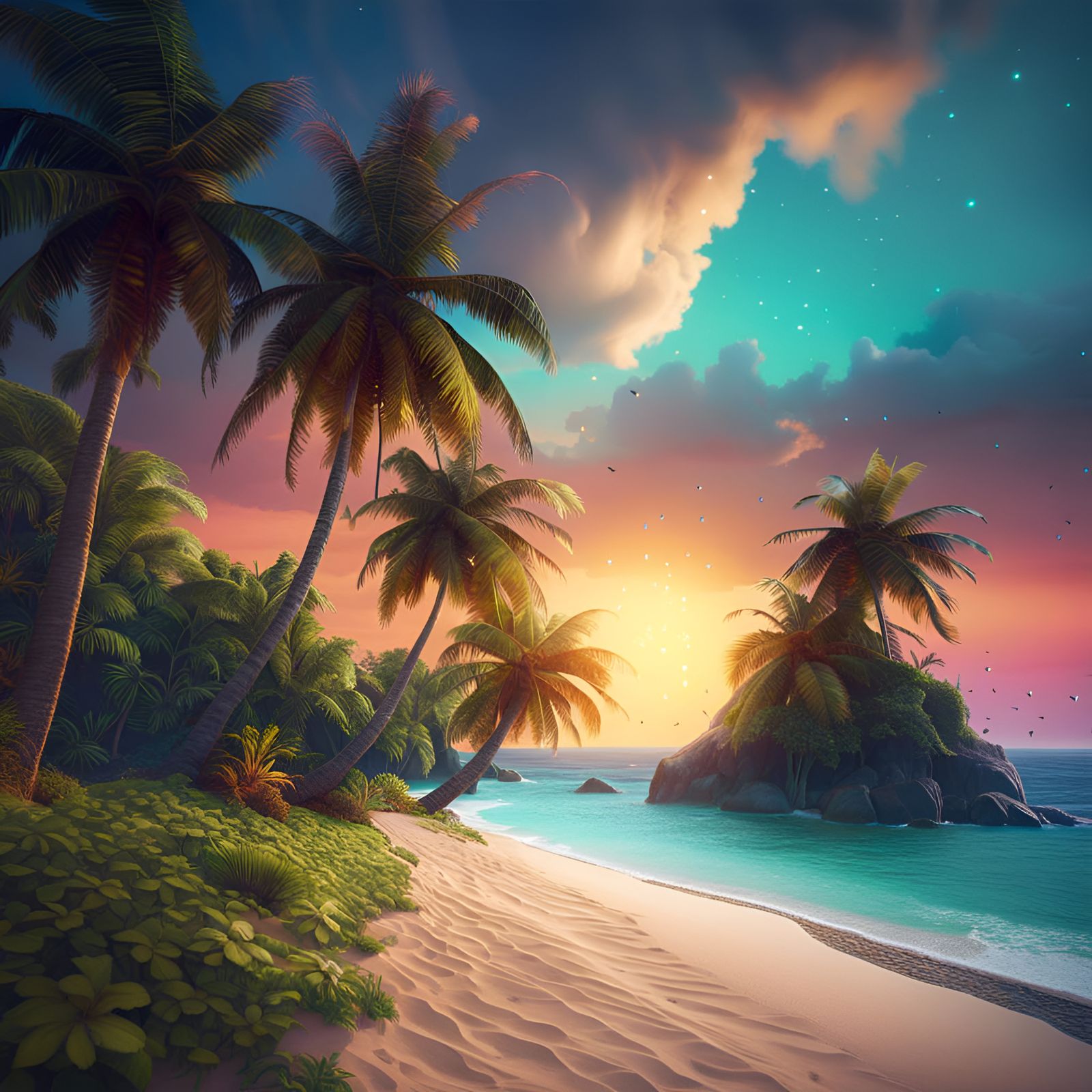 Tropical Beach with Coconut Tree: Fantasy Concept Art