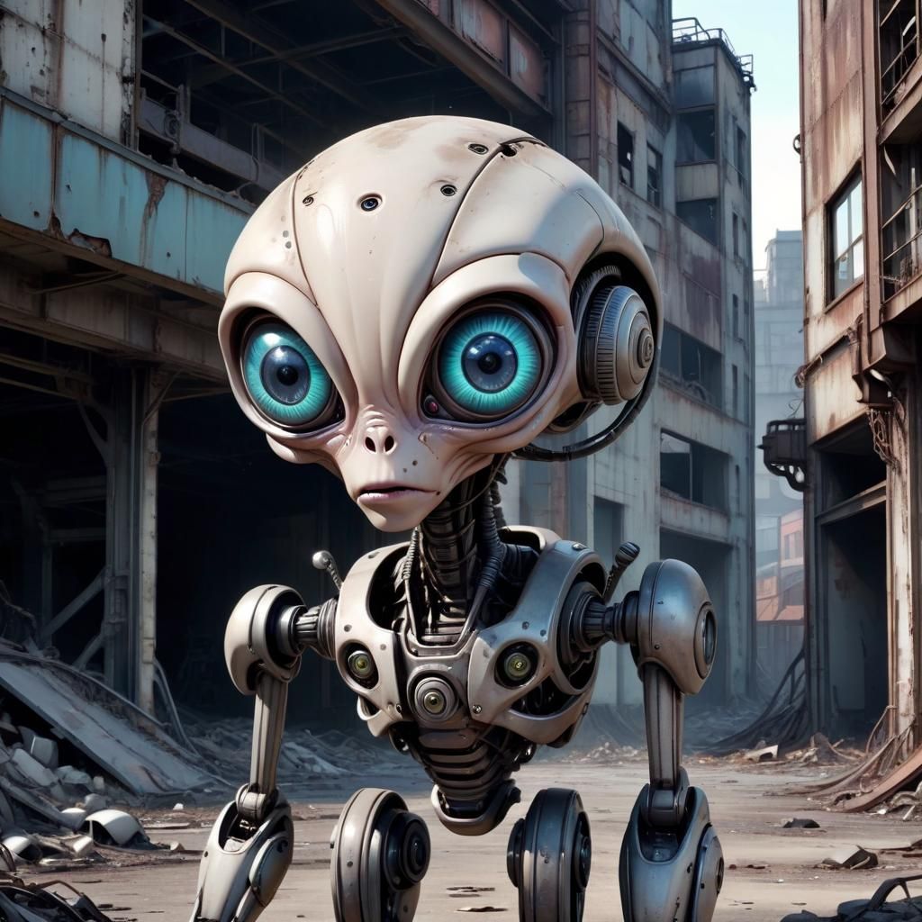 Cartoon Robotic Alien in Dystopian Industrial Ruins