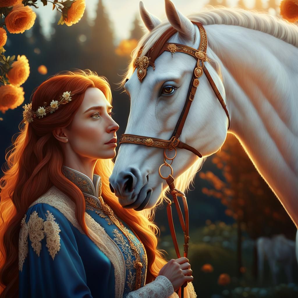 Auburn Haired Lady with White Horse in Golden Light