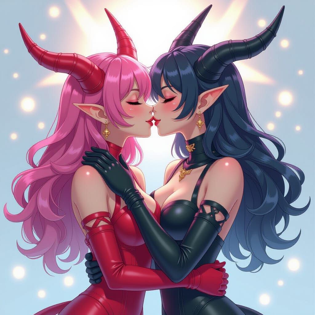 Demonic Figures Embrace in Heavenly Light: Art Nouveau Style