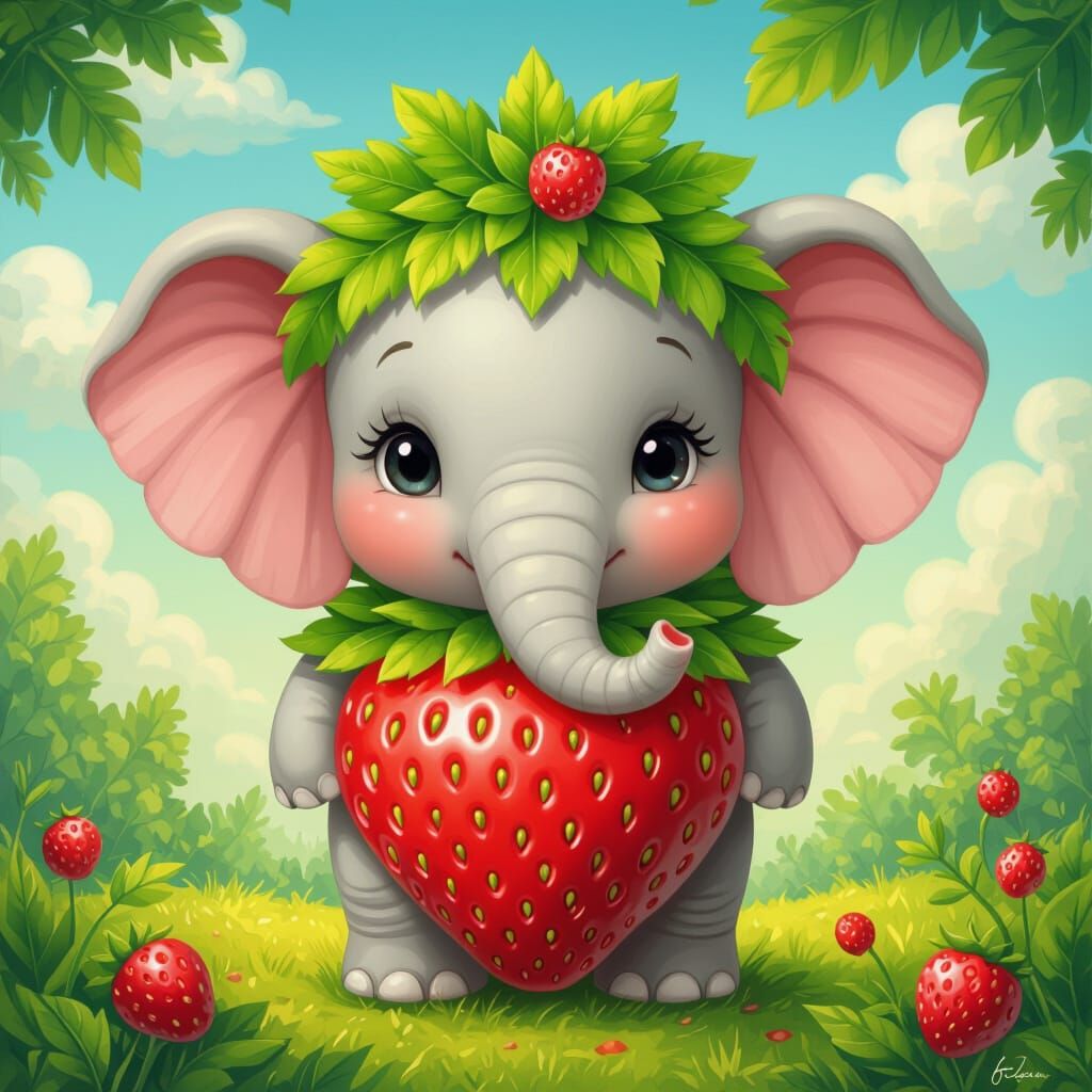 Whimsical Strawberry Elephant with Leafy Garland