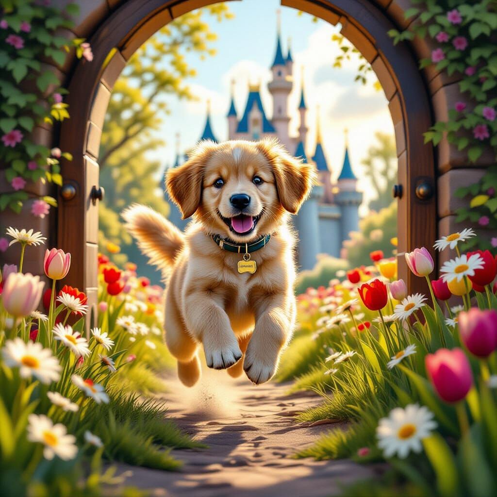 Golden Retriever Puppy Discovers Fairytale Castle Doorway