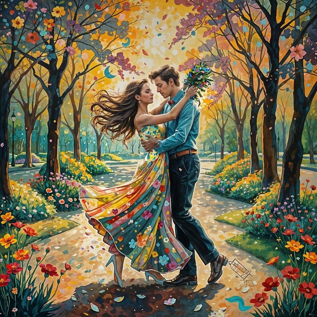 Romantic Dance in Flowery Park, Alcohol Ink Style