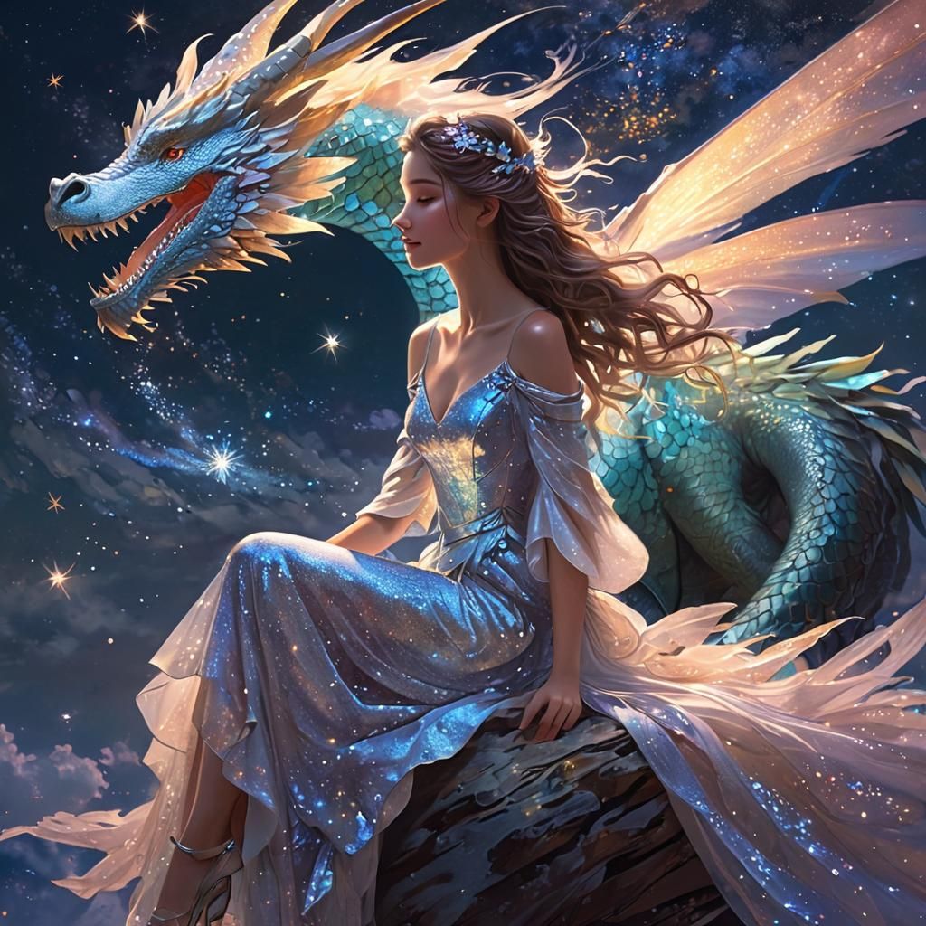 Fairy on Dragon in Starry Night Sky