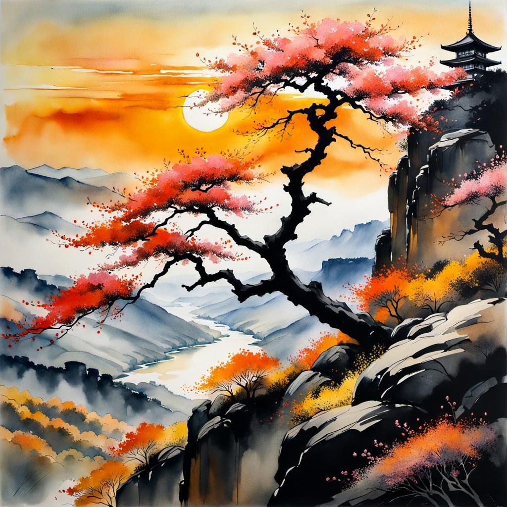 Sakura Tree Sumi-e Ink Artwork at Golden Hour