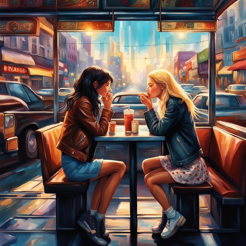 Young Women Kissing in Cafe, Hyperrealistic Splash Art