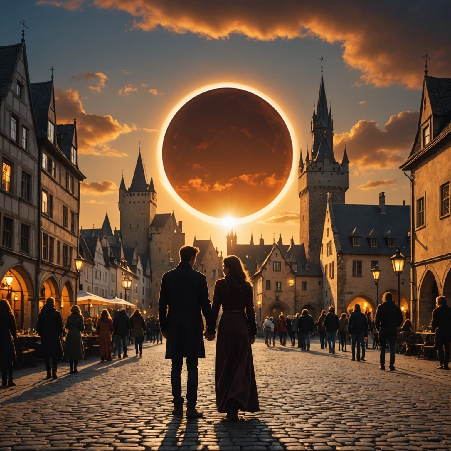 Solar Eclipse Romance in Fairytale Medieval Town