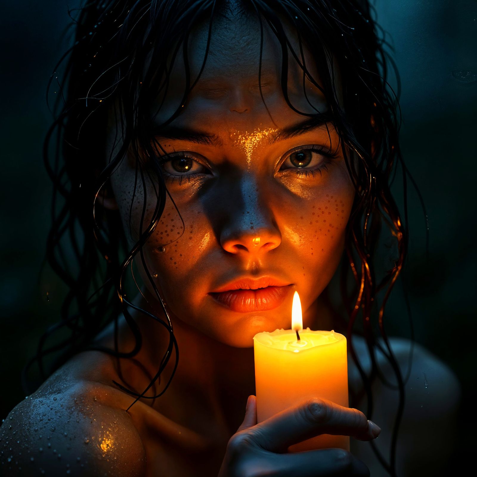 Candlelit Portrait in the Rain: Moody Realism