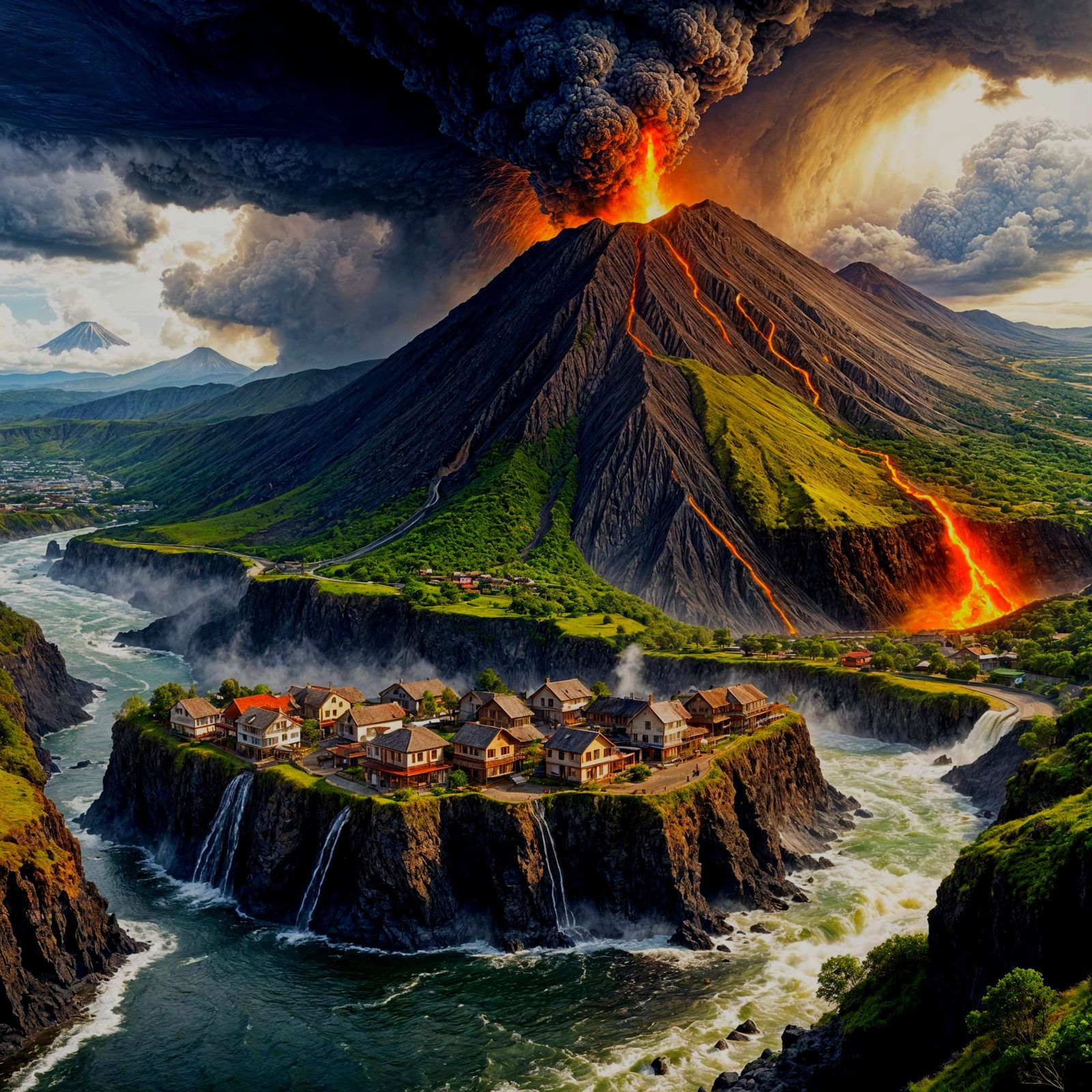 Volcano House Cliffside River Town in Storm