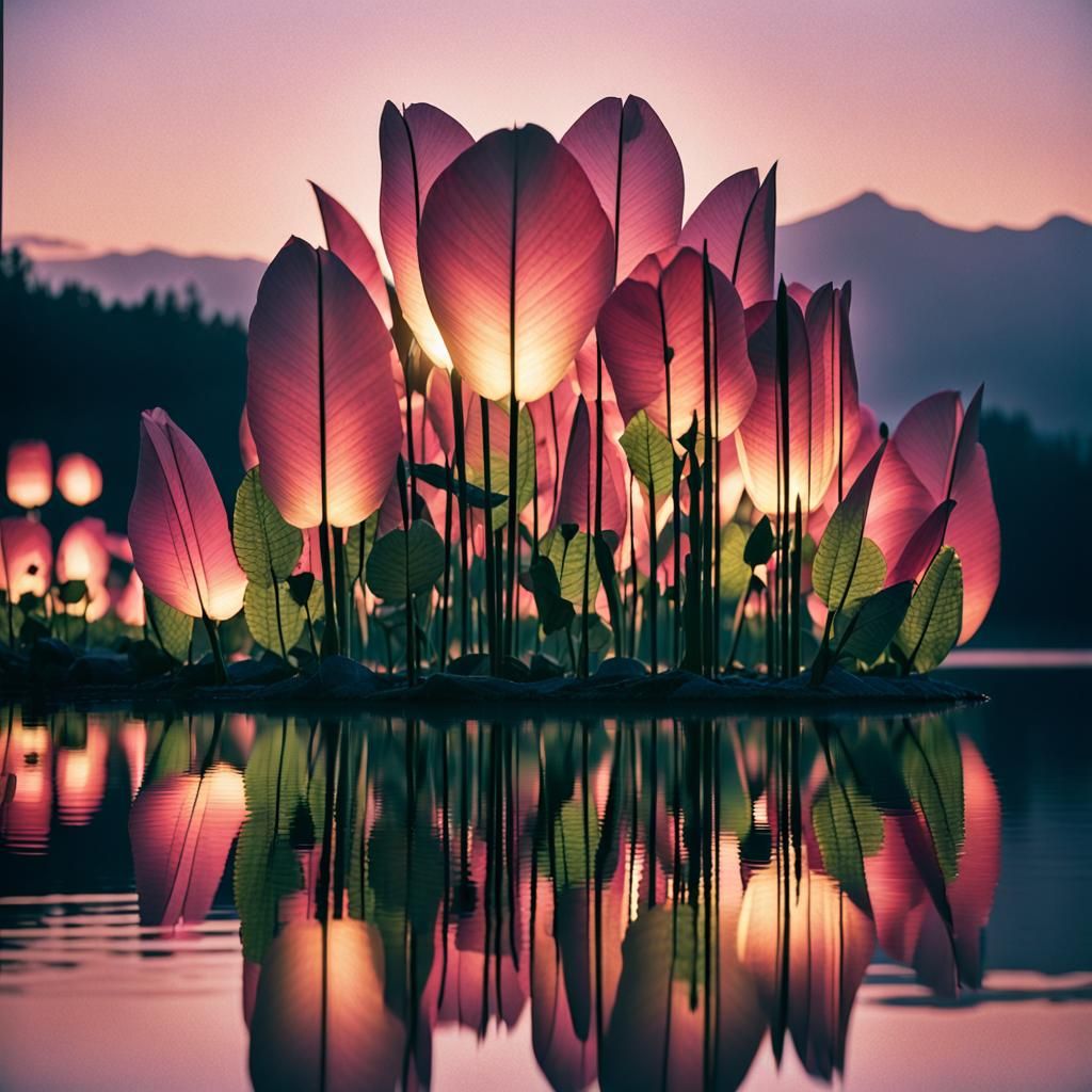 Glass Architecture with Flower Petals at Sunset