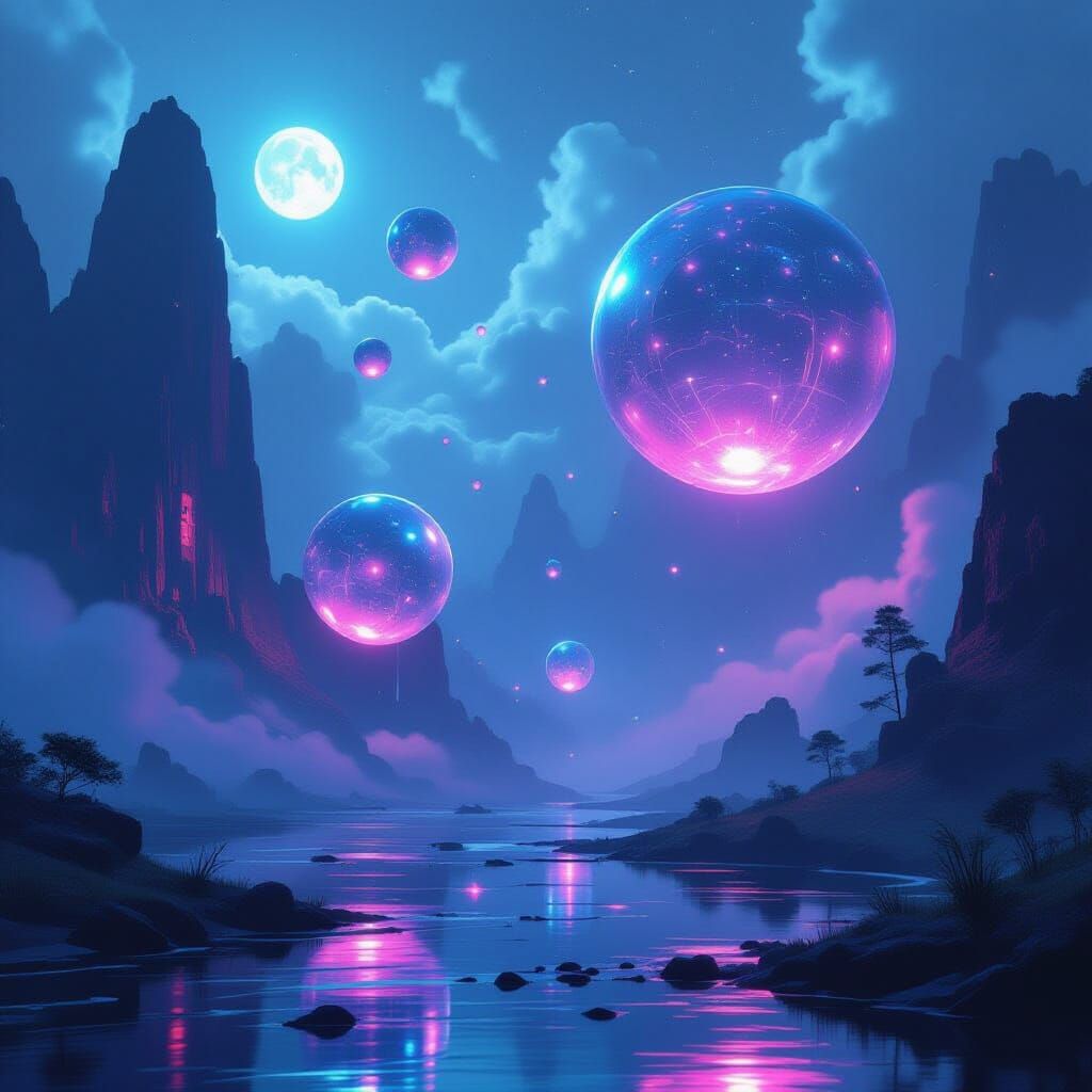 Glowing Orbs in a Dreamlike Cyberpunk Environment